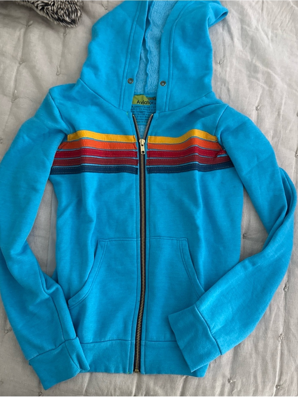 NEW Aviator Nation Kids Youth Aqua Zip Hoodie with Rainbow Chest Stripes 12